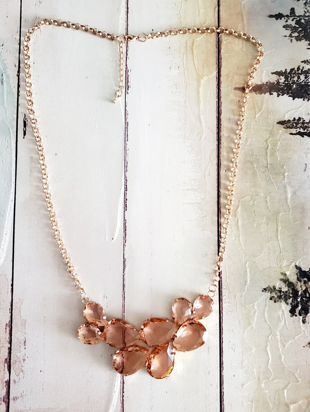 Statement Necklace Peach Stones Gold Tone Adjustable Chain